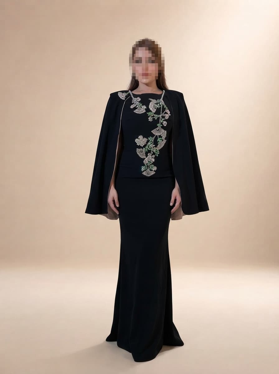 فستان سهرة أسود فاخر بتصميم ملكي يجمع بين الأناقة والهيبة.