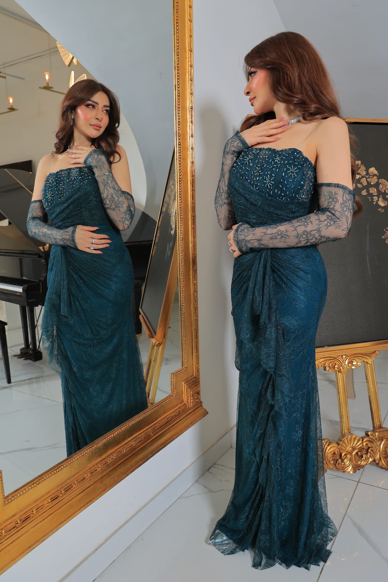 فستان سهرة دانتيل باكمام خارجيه ويتميز بقصته الانسيابية