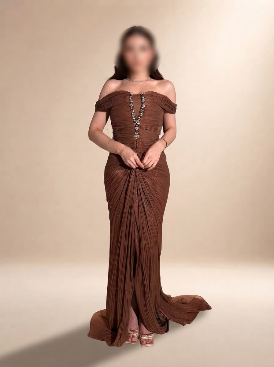 فستان سهرة أنيق بتصميم الأوف شولدر يبرز الأكتاف بأنوثة ناعمة