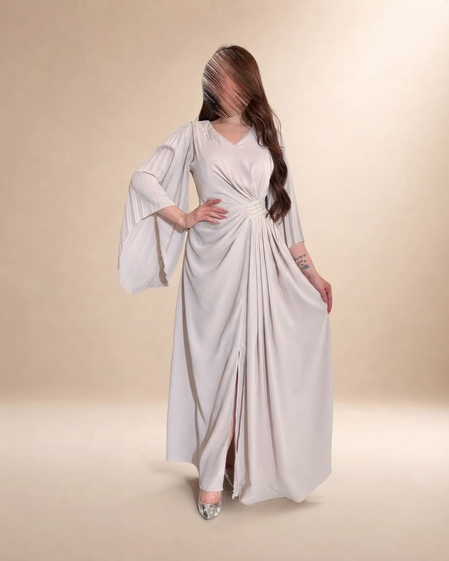 فستان أنيق بتصميم انسيابي وبأكمام كسرات واسعه
