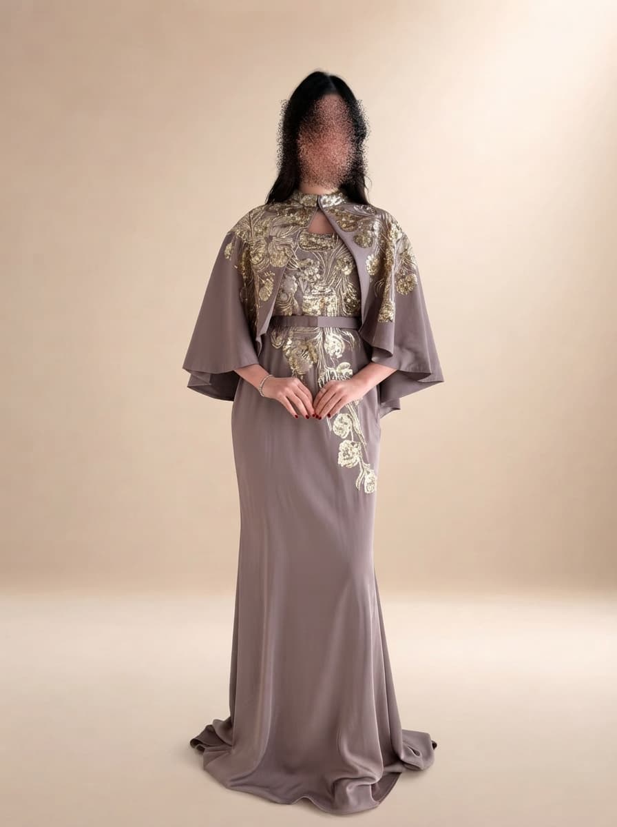 فستان سهرة كاب بتطريزات ذهبيه ناعمه