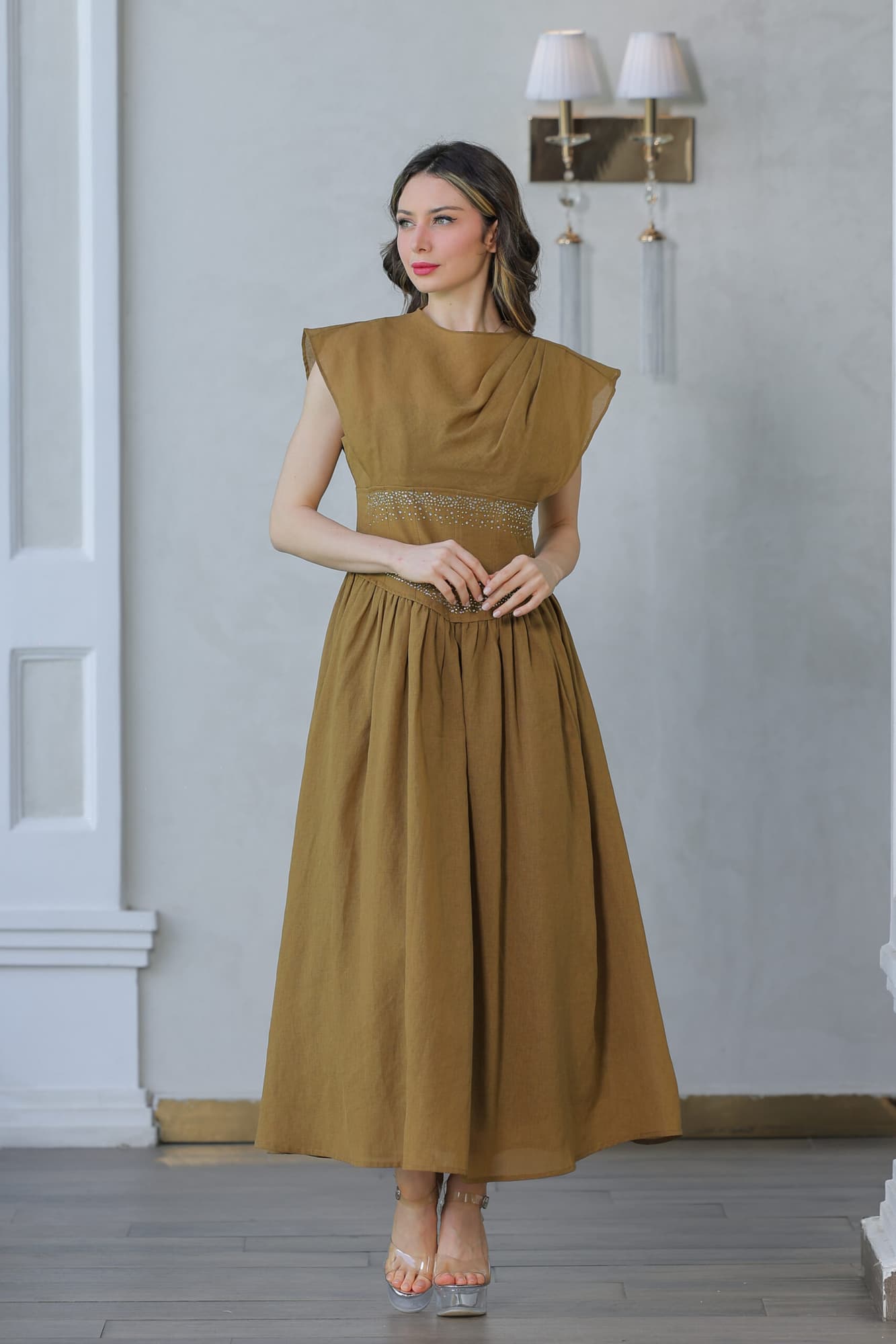 فستان ميدي باكمام كب قصيره شفافه