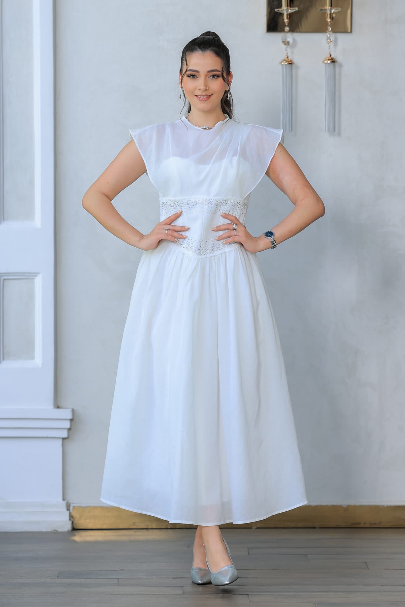 فستان ميدي باكمام كب قصيره شفافه