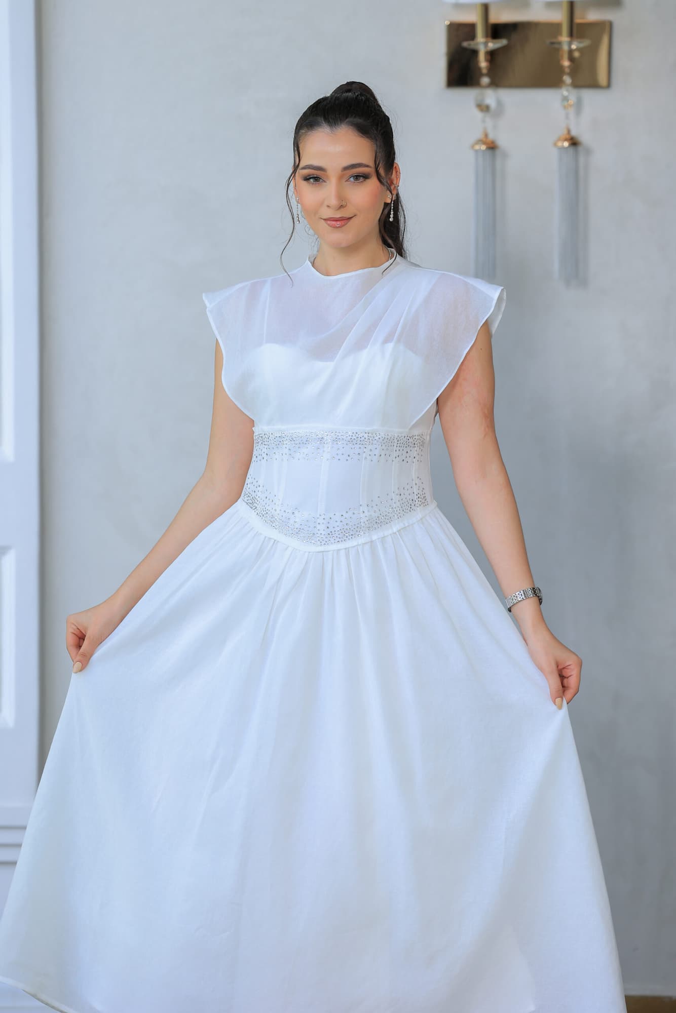 فستان ميدي باكمام كب قصيره شفافه