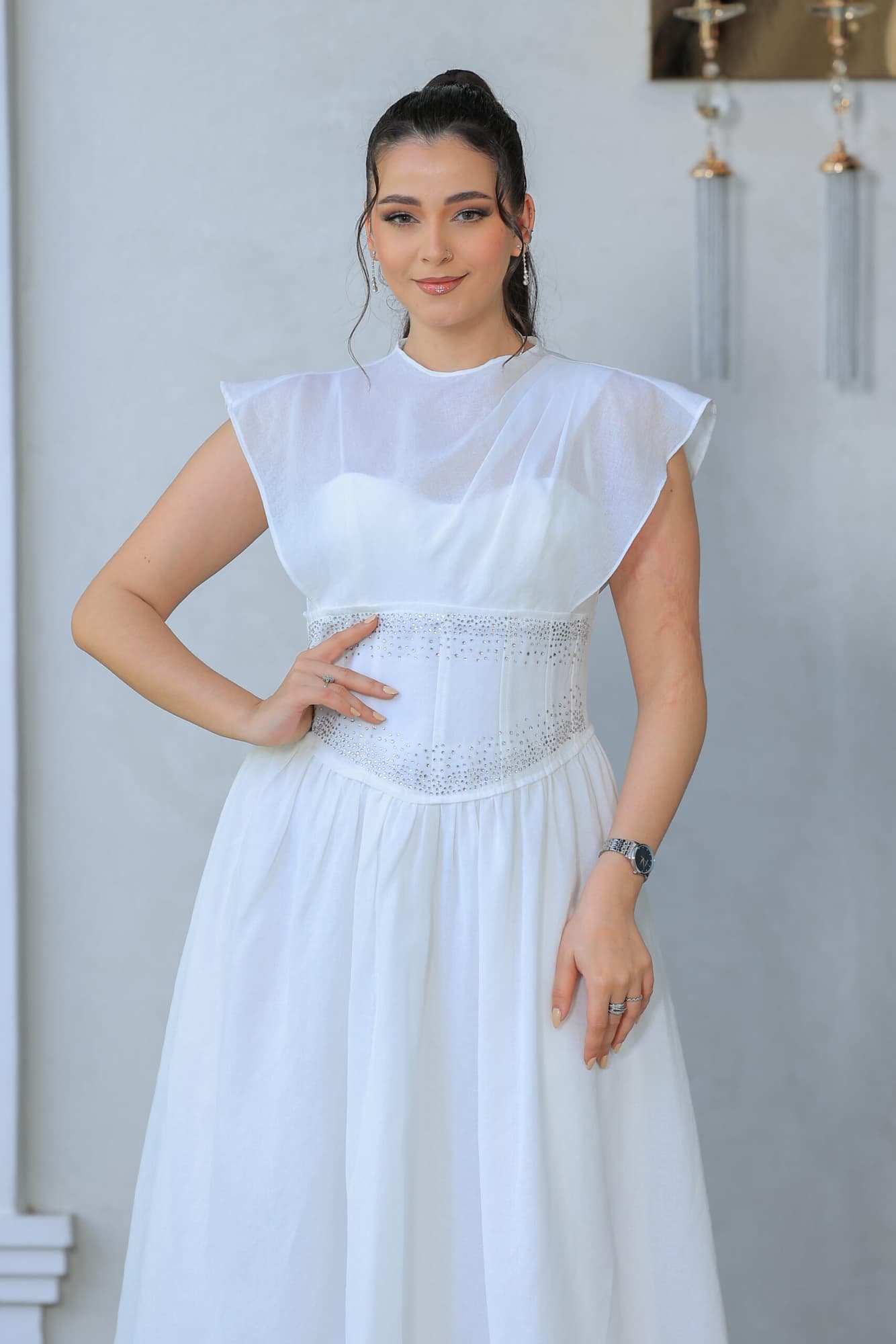 فستان ميدي باكمام كب قصيره شفافه