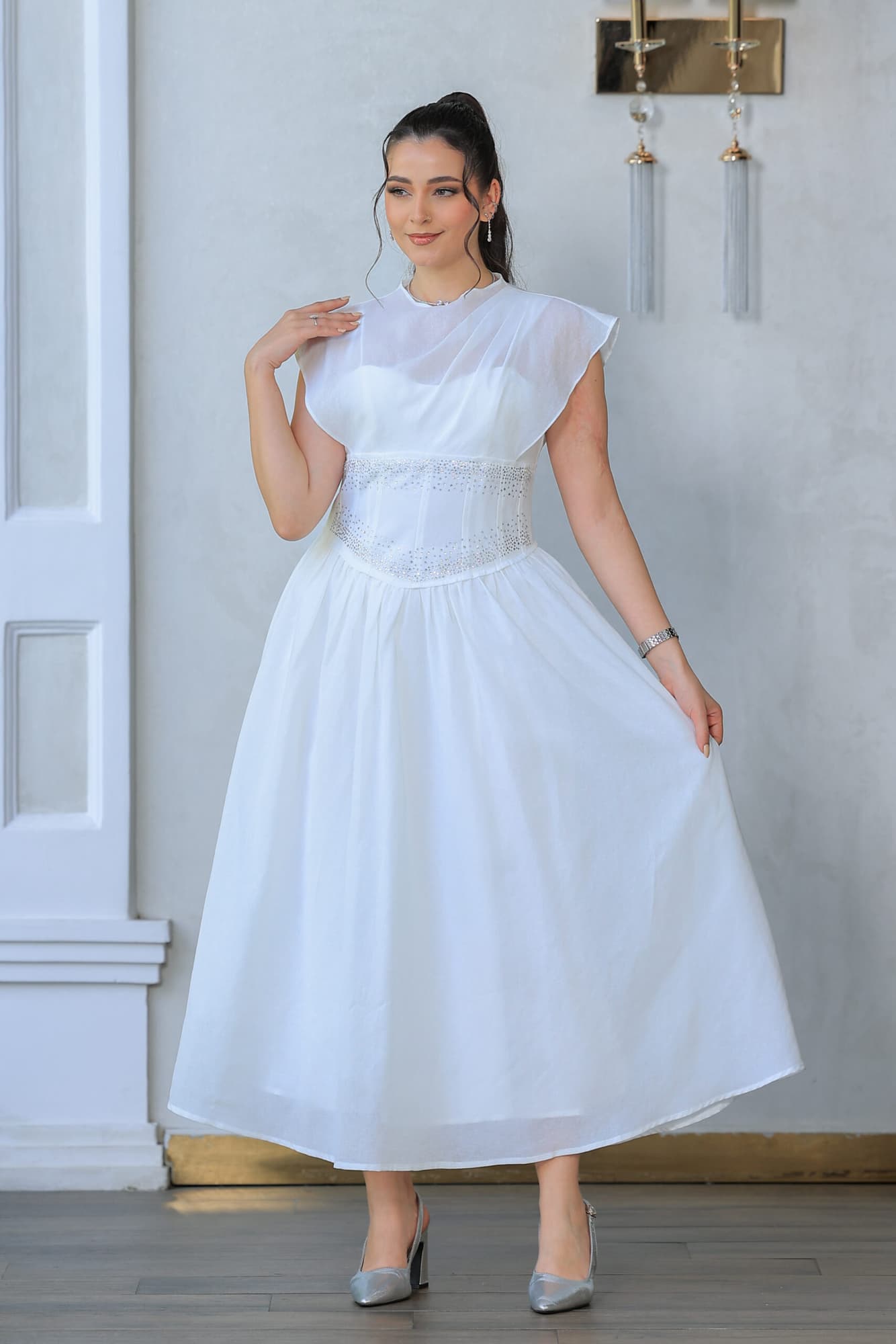 فستان ميدي باكمام كب قصيره شفافه