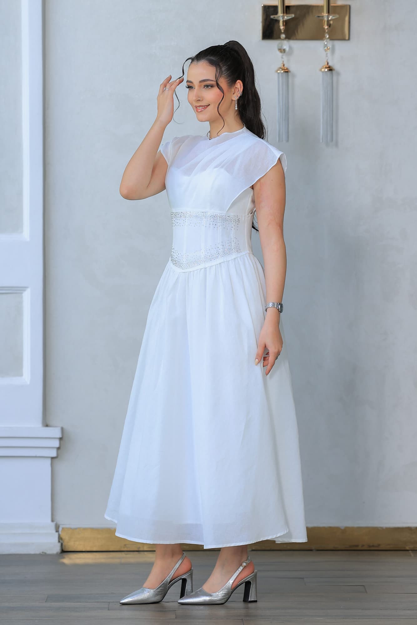 فستان ميدي باكمام كب قصيره شفافه