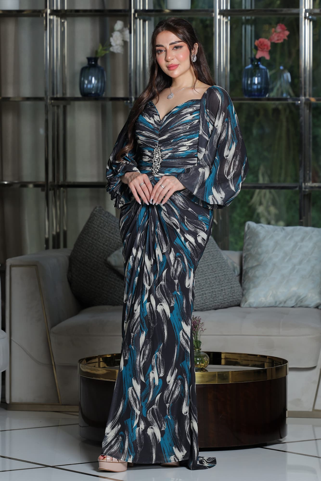 فستان سهرة الوان متدرجه بكرستال على الخصر