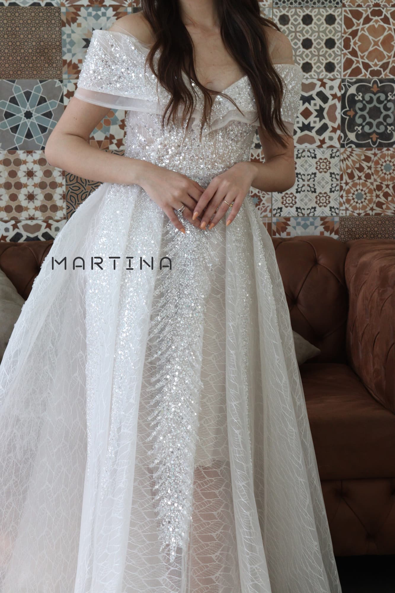 فستان سهرة طويل مطرز بخرز فخم سكري