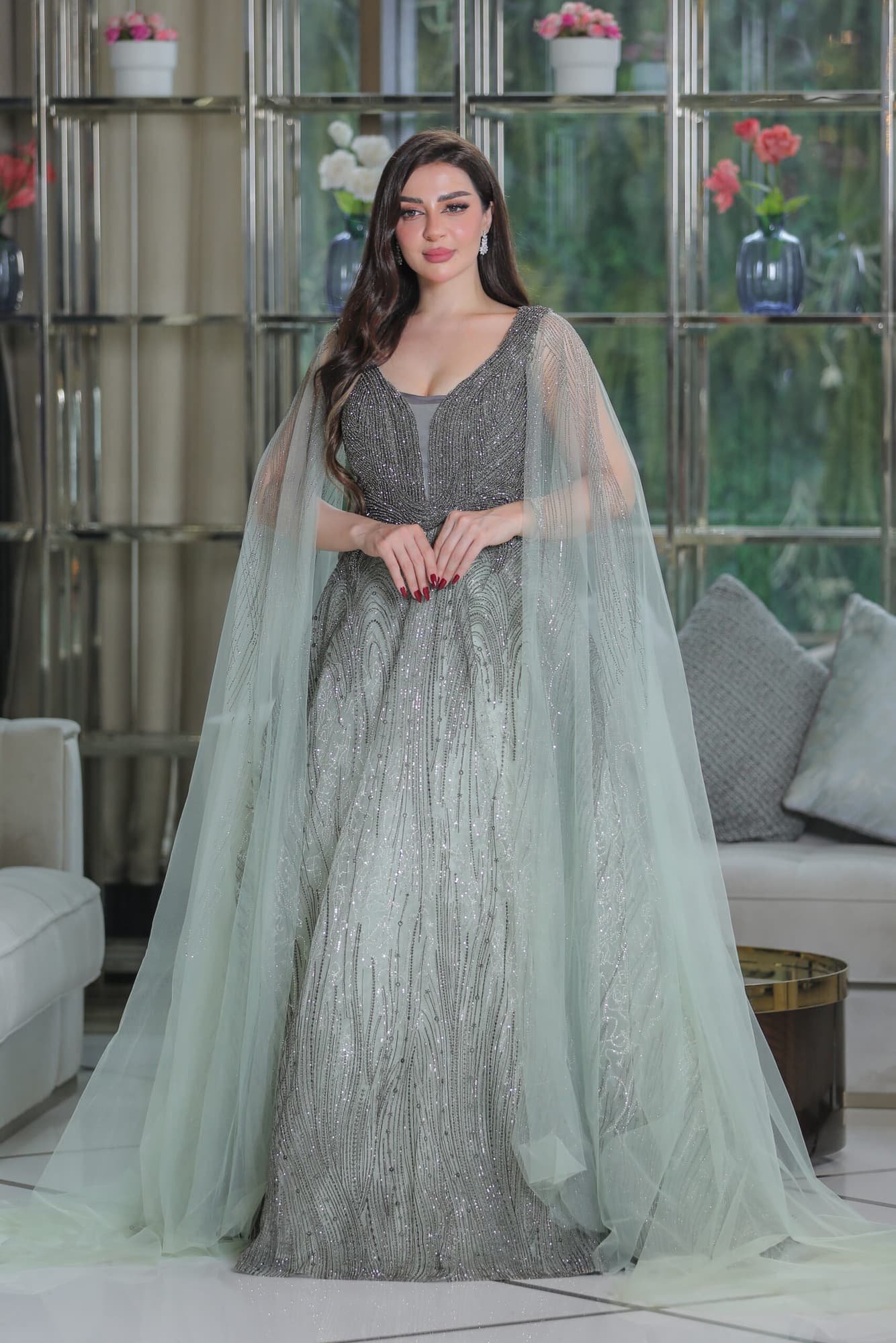 فستان سهرة مطرز كامل اكمام كاب تيفاني