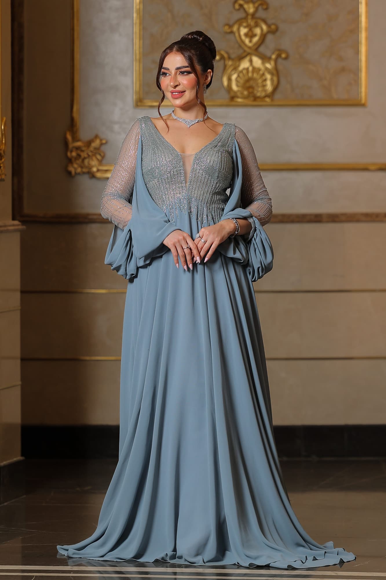 فستان سهرة شيفون باكمام شفاف ماسك مضاف له شيفون منسدل