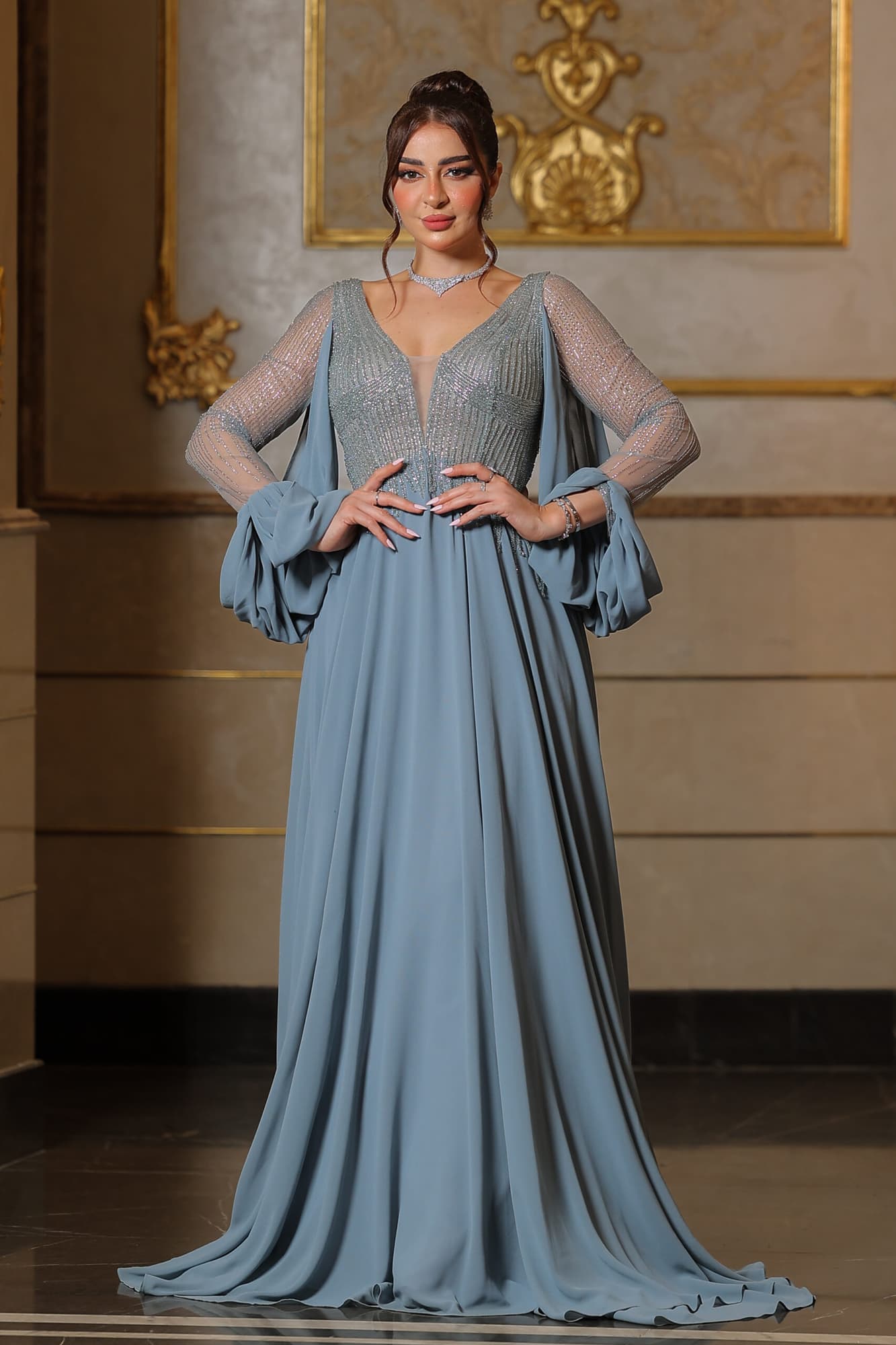 فستان سهرة شيفون باكمام شفاف ماسك مضاف له شيفون منسدل