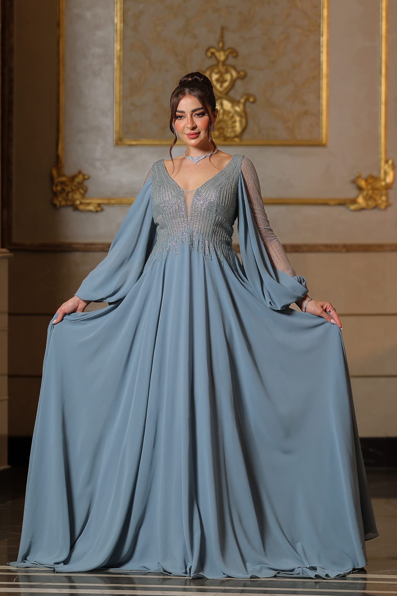 فستان سهرة شيفون باكمام شفاف ماسك مضاف له شيفون منسدل