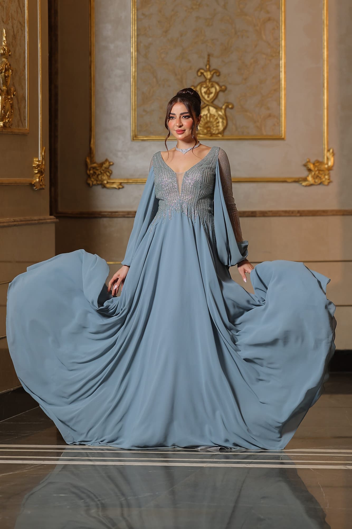 فستان سهرة شيفون باكمام شفاف ماسك مضاف له شيفون منسدل