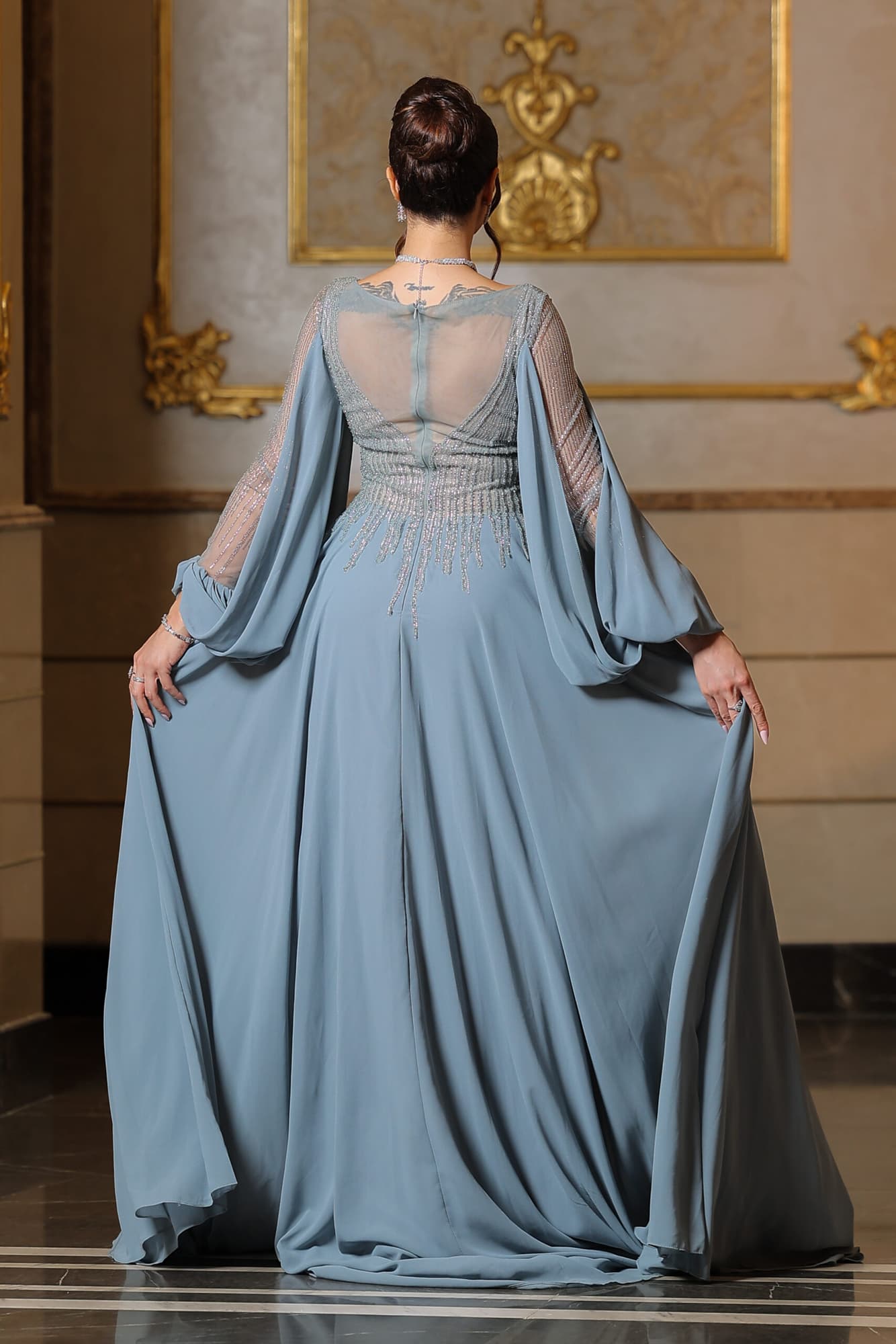 فستان سهرة شيفون باكمام شفاف ماسك مضاف له شيفون منسدل