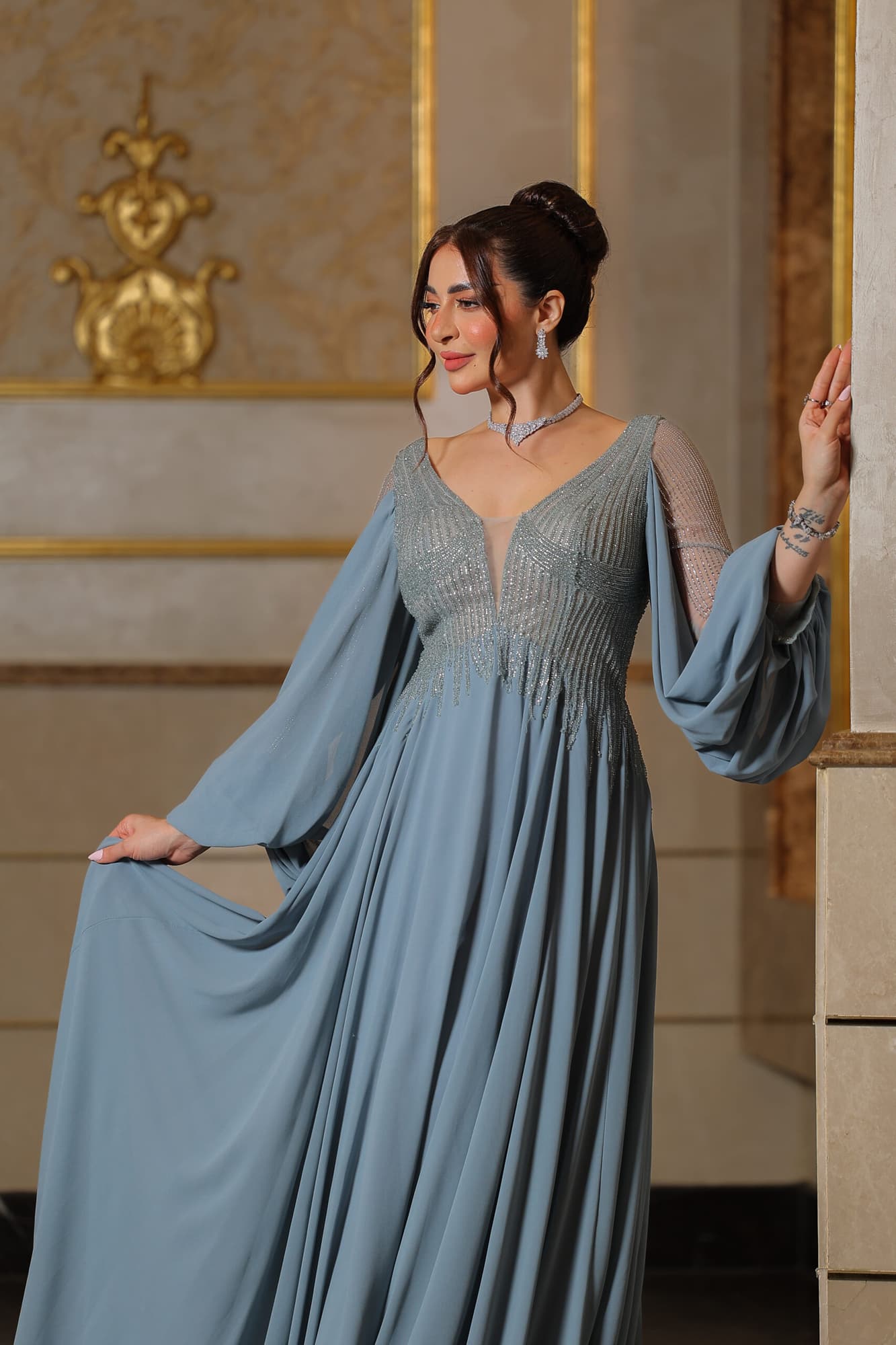 فستان سهرة شيفون باكمام شفاف ماسك مضاف له شيفون منسدل