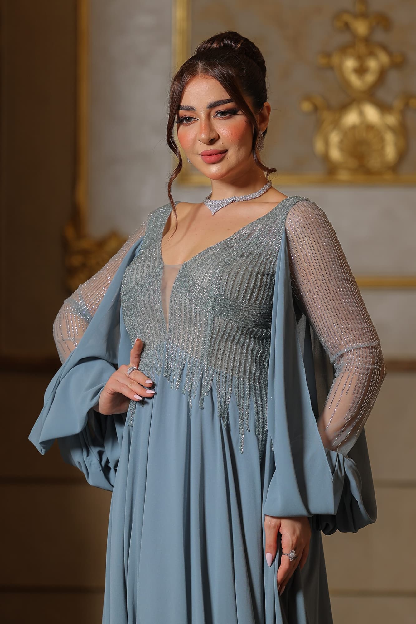 فستان سهرة شيفون باكمام شفاف ماسك مضاف له شيفون منسدل