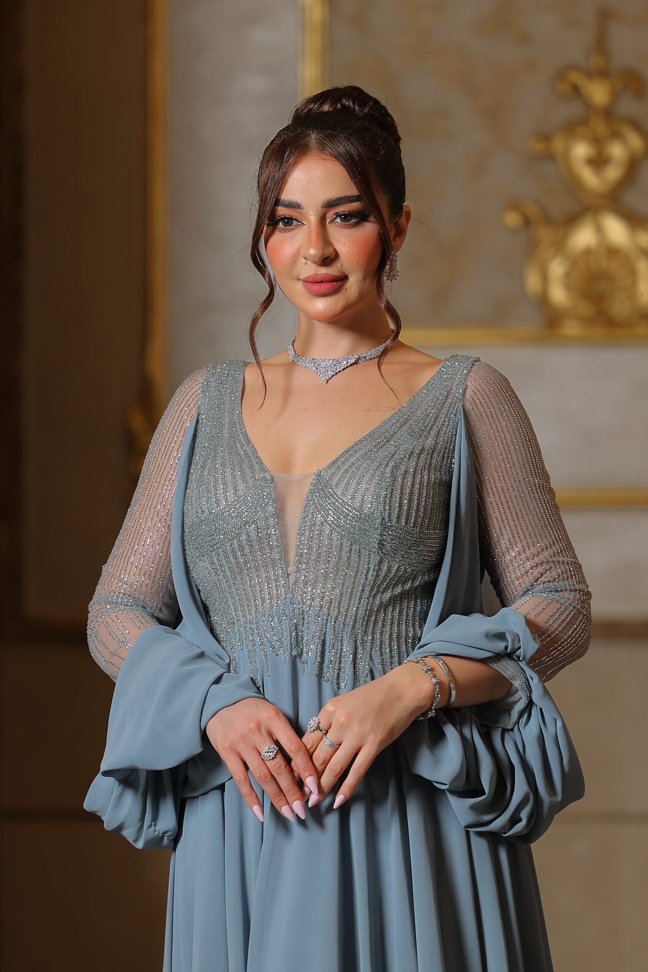 فستان سهرة شيفون باكمام شفاف ماسك مضاف له شيفون منسدل