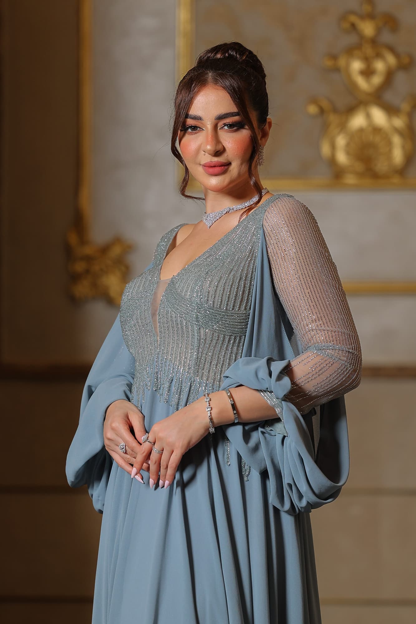 فستان سهرة شيفون باكمام شفاف ماسك مضاف له شيفون منسدل