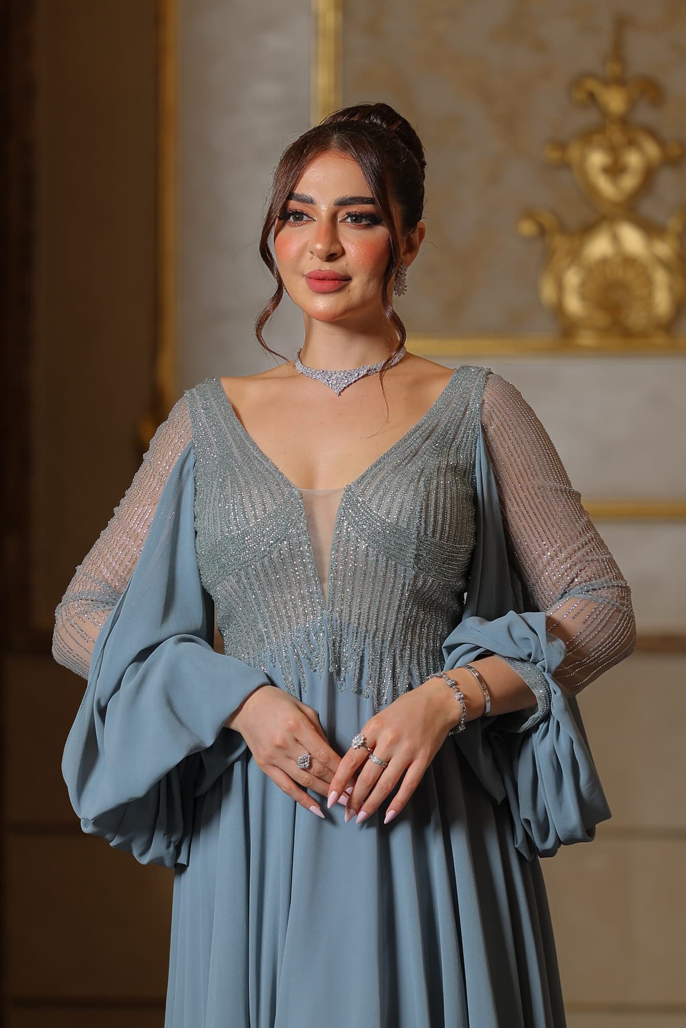 فستان سهرة شيفون باكمام شفاف ماسك مضاف له شيفون منسدل