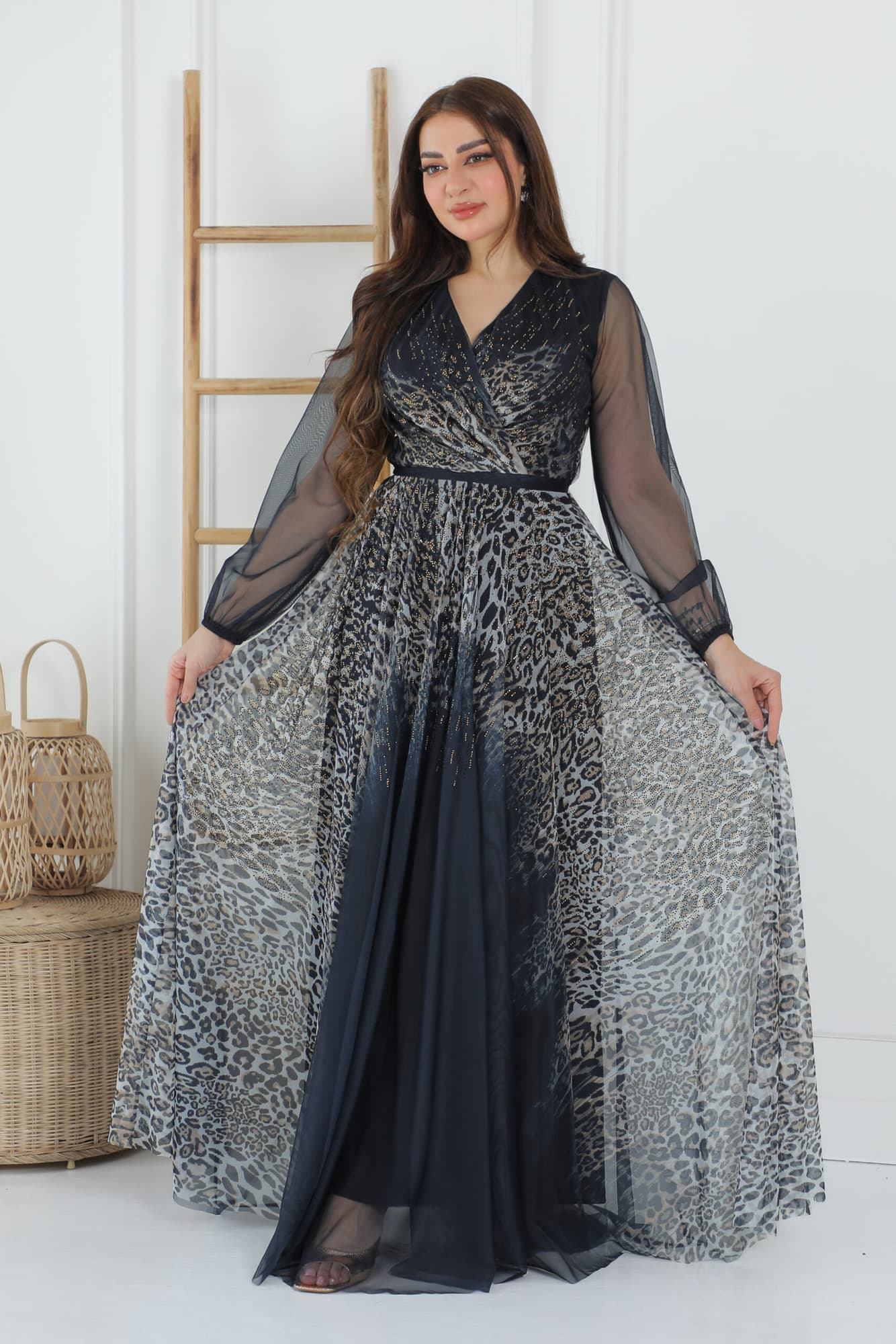 فستان نسائي اكمام شفافة بطباعة جلد النمر