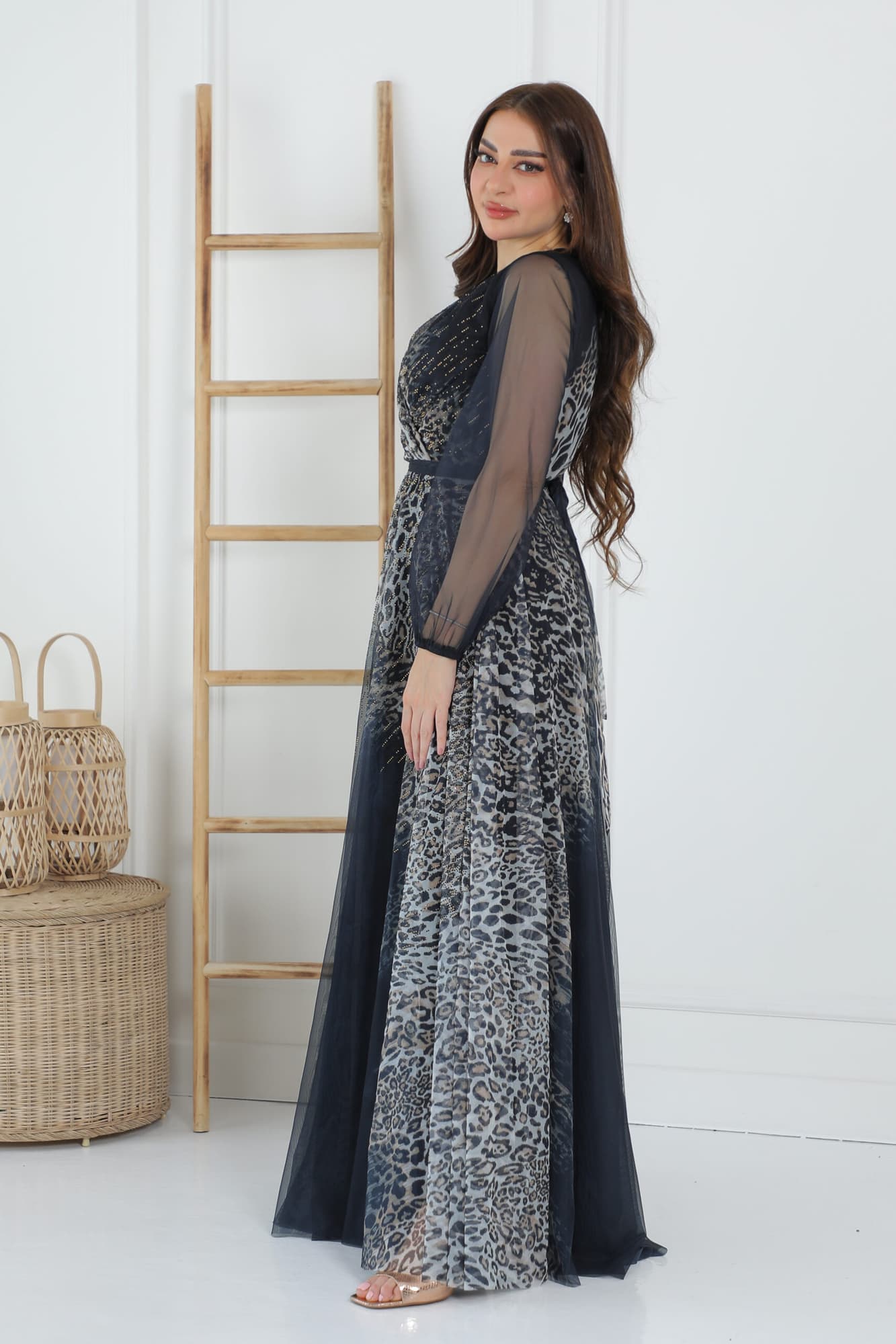 فستان نسائي اكمام شفافة بطباعة جلد النمر