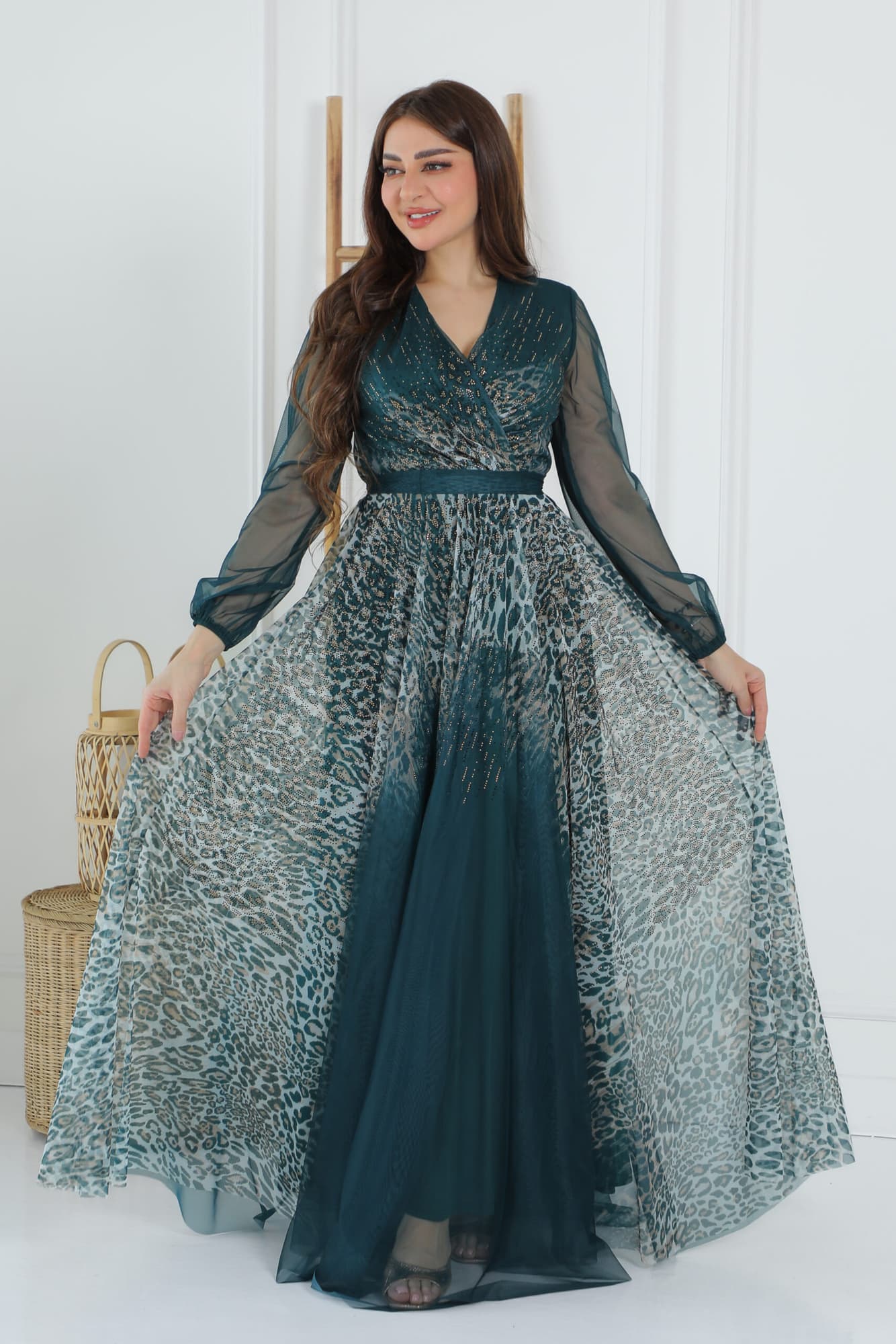 فستان نسائي اكمام شفافة بطباعة جلد النمر