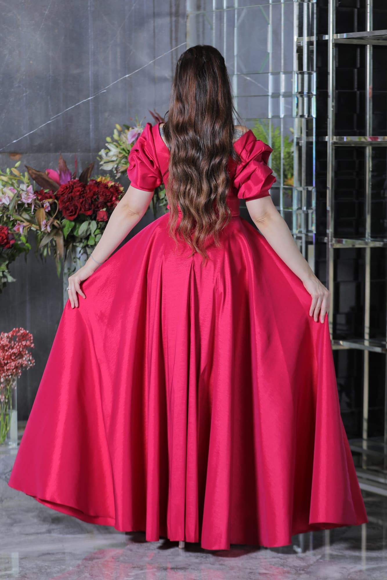 فستان سهره طويل باكمام بف