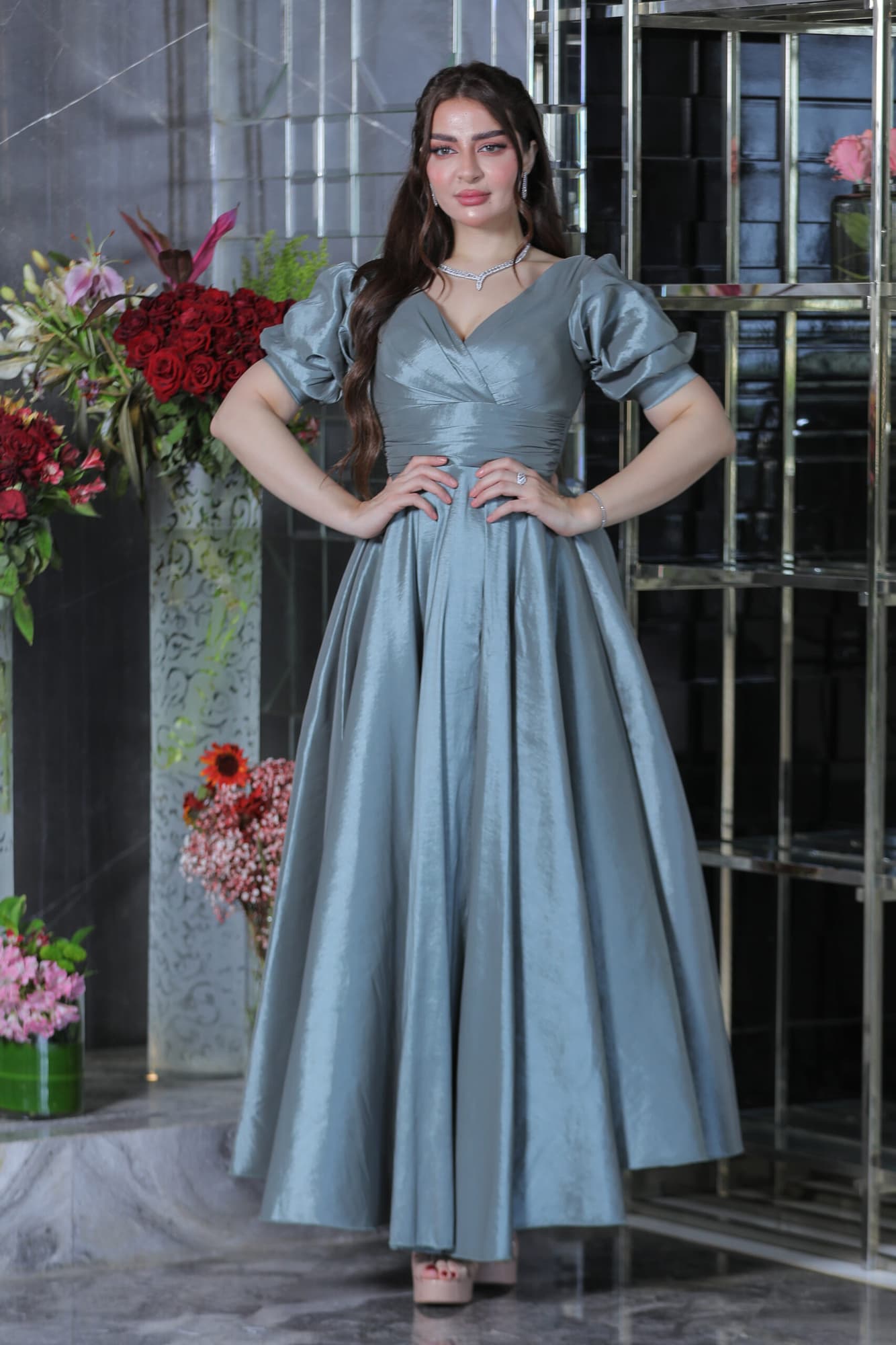 فستان سهره طويل باكمام بف