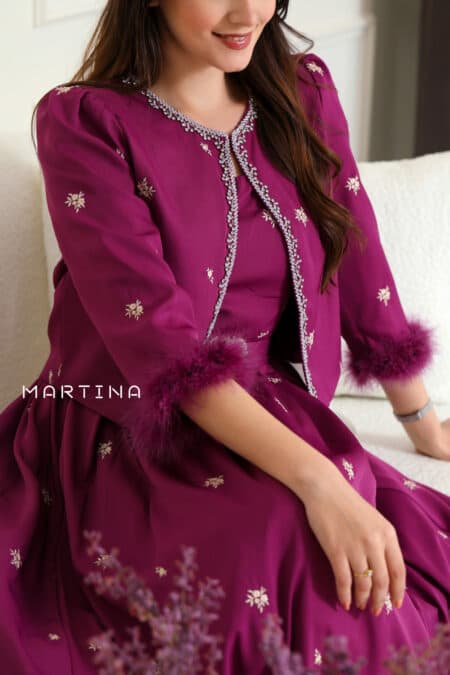 فستان ميدي أنيق بجاكيت فصوص وريش