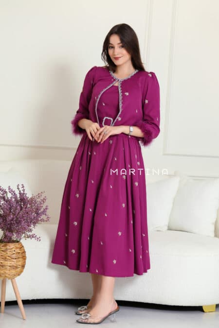 فستان ميدي أنيق بجاكيت فصوص وريش