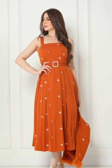 فستان ميدي أنيق بجاكيت فصوص وريش