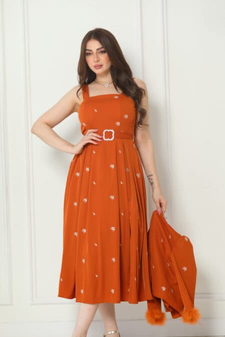 فستان ميدي أنيق بجاكيت فصوص وريش