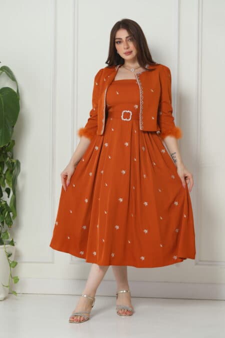 فستان ميدي أنيق بجاكيت فصوص وريش