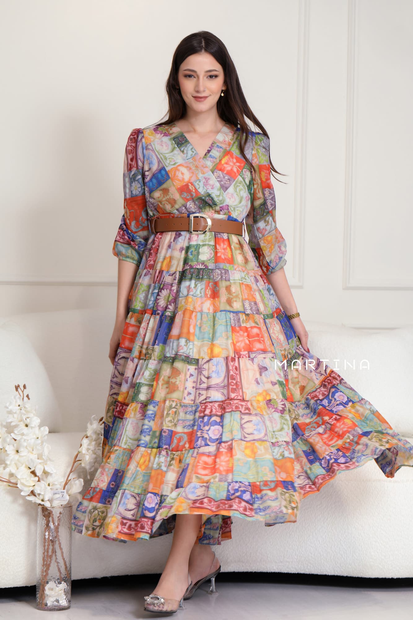 فستان ميدي كشكش مورد ملون