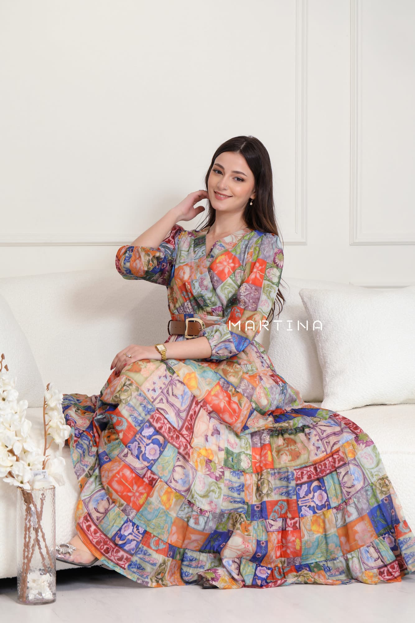 فستان ميدي كشكش مورد ملون