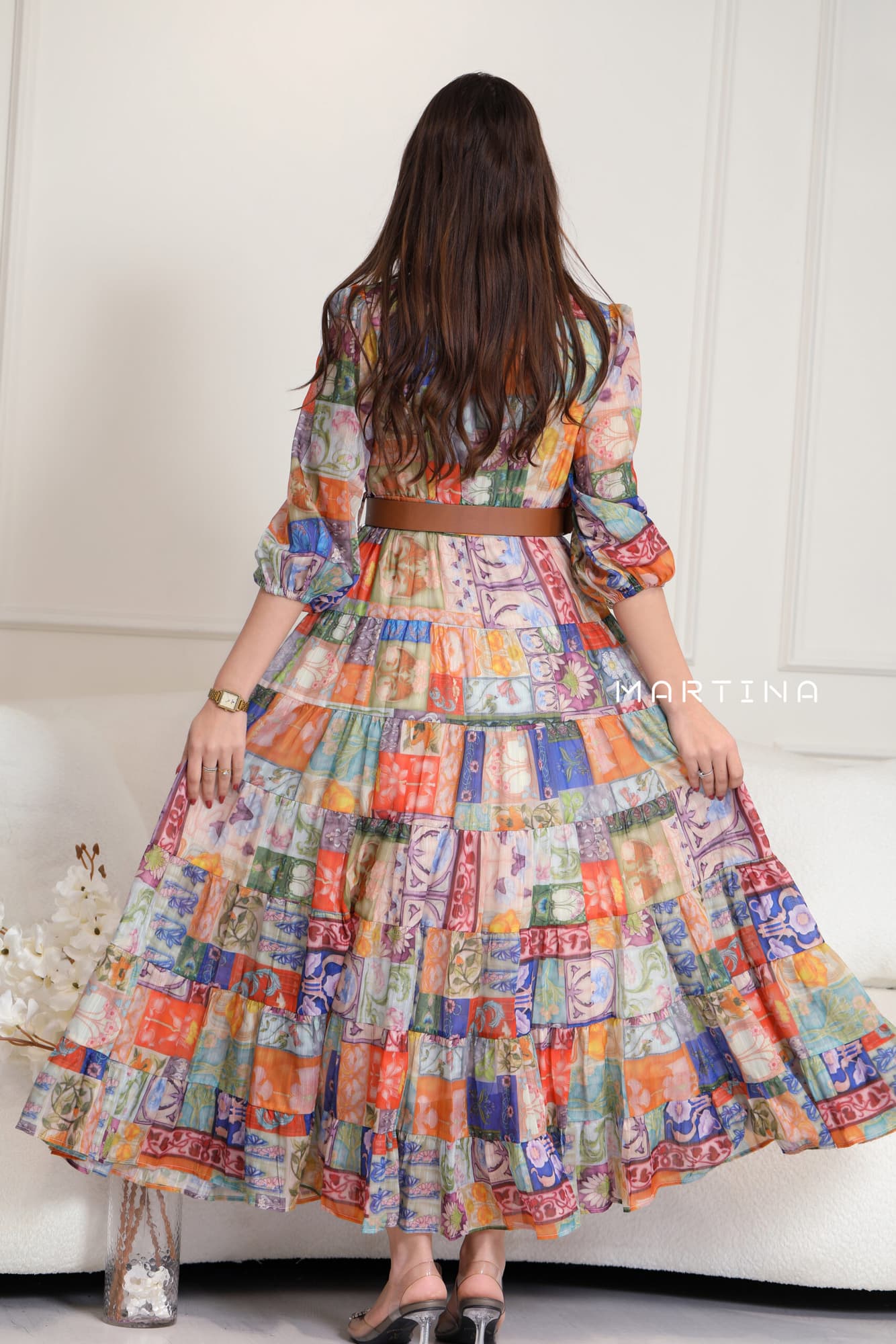 فستان ميدي كشكش مورد ملون