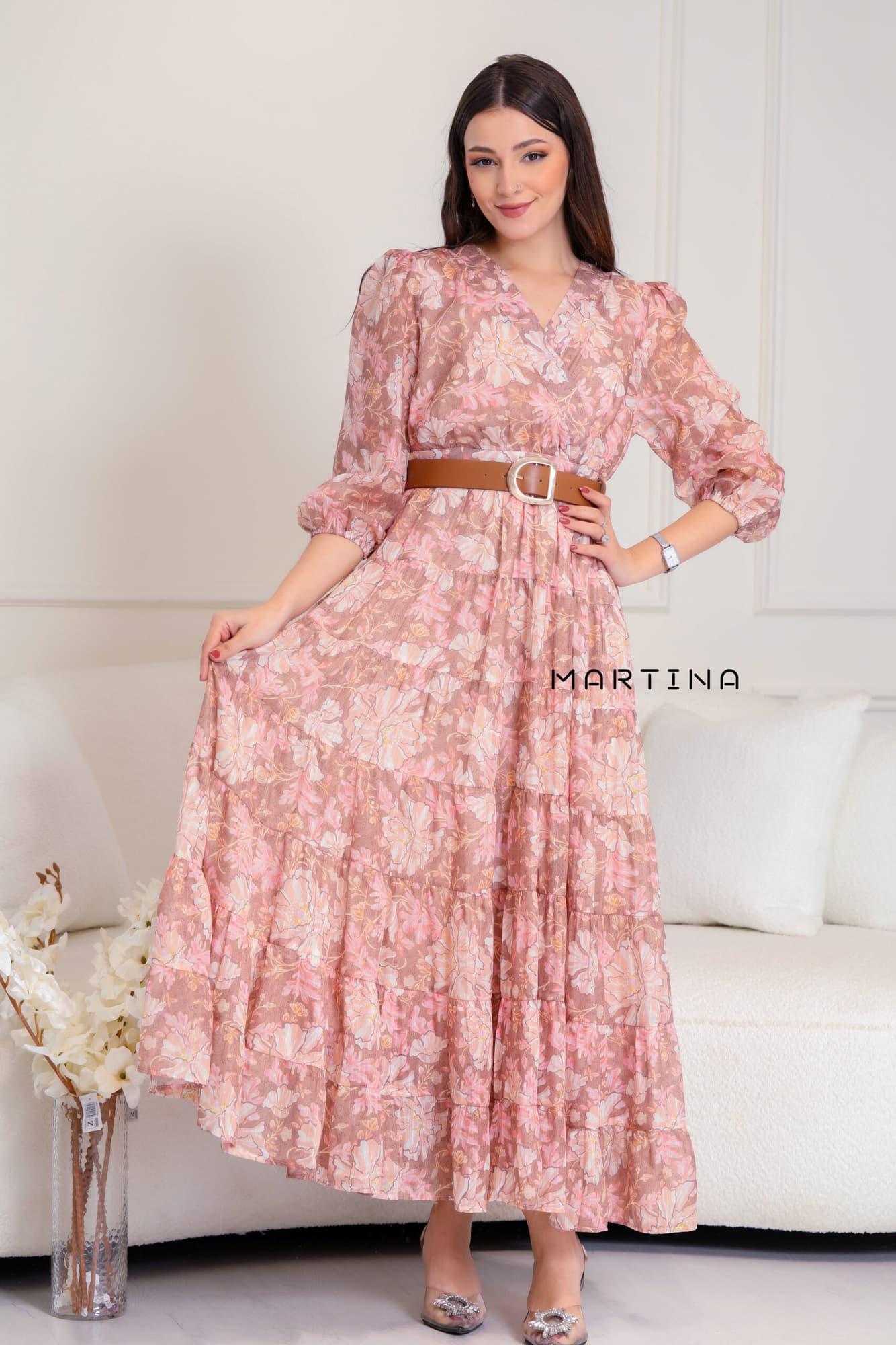 فستان ميدي كشكش مورد ملون