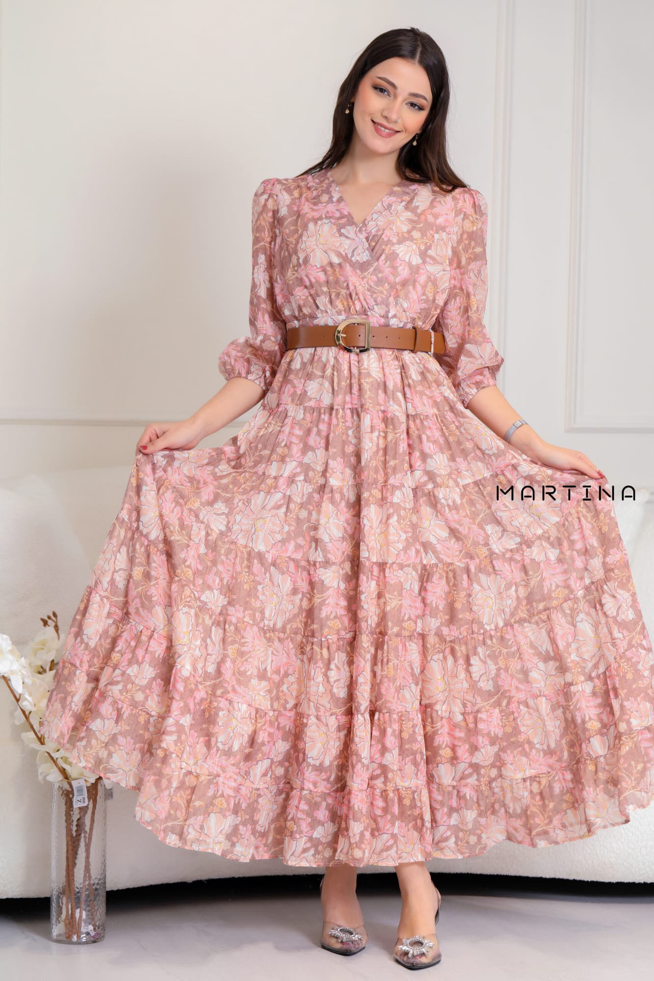 فستان ميدي كشكش مورد ملون