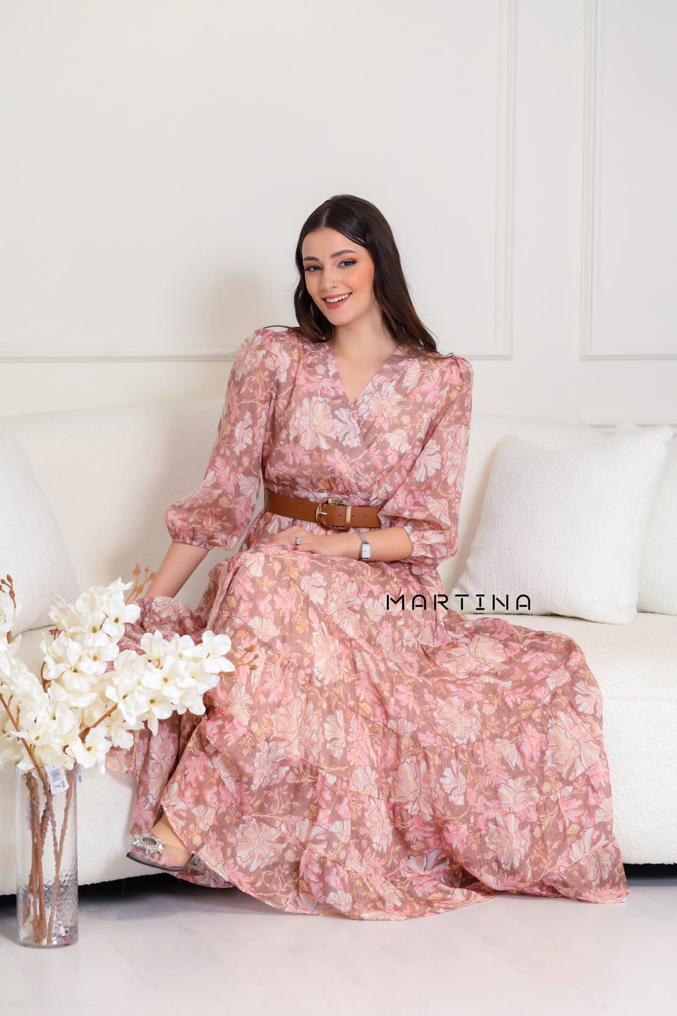 فستان ميدي كشكش مورد ملون