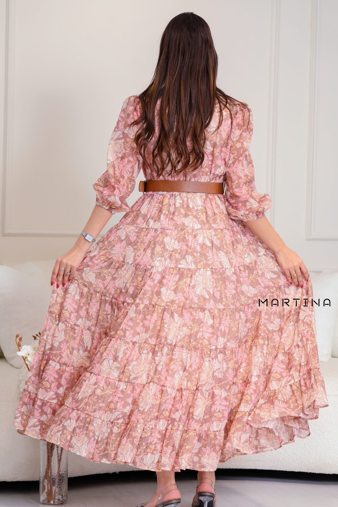 فستان ميدي كشكش مورد ملون