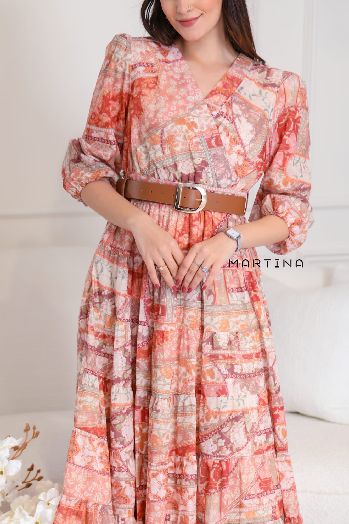 فستان ميدي كشكش مورد ملون