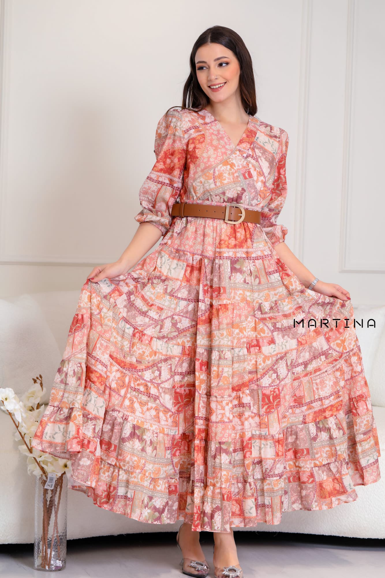 فستان ميدي كشكش مورد ملون