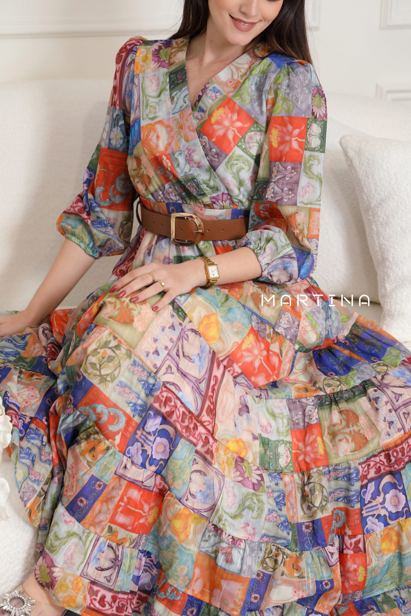 فستان ميدي كشكش مورد ملون ازرق