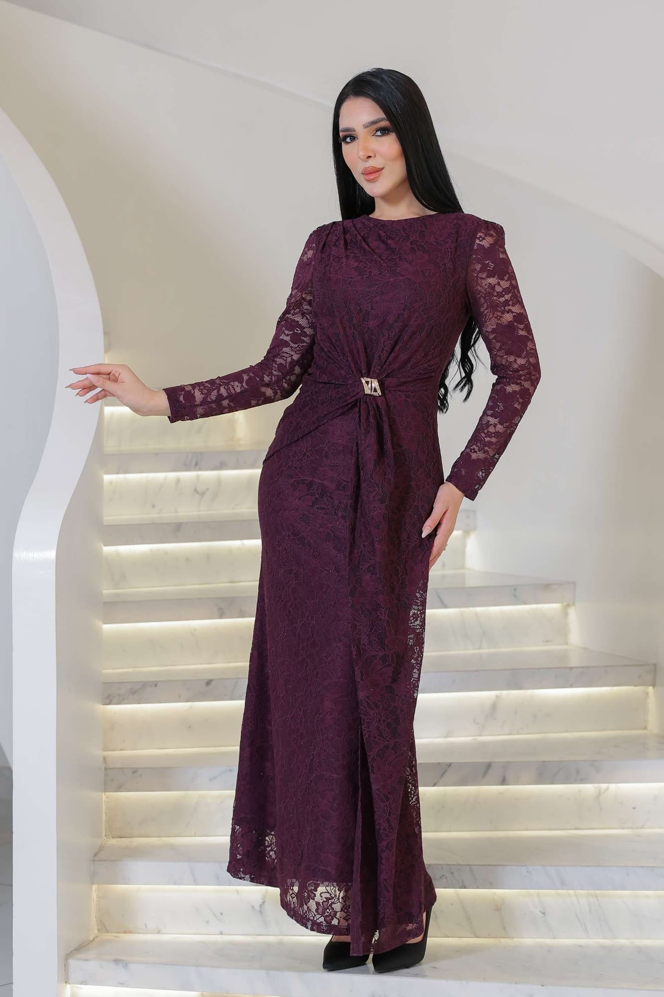 فستان ماكسي طويل دانتيل بقصة مخصره