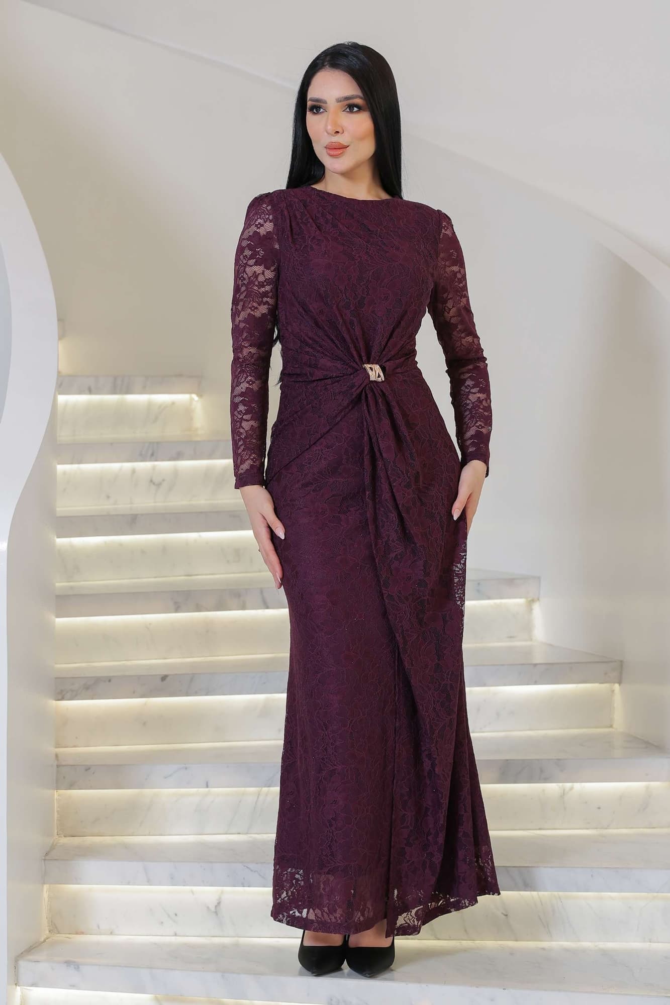 فستان ماكسي طويل دانتيل بقصة مخصره