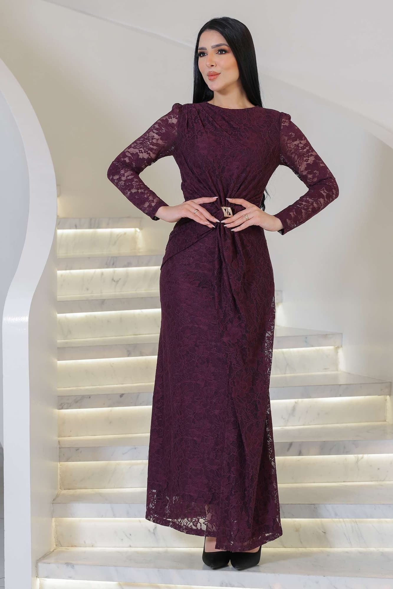 فستان ماكسي طويل دانتيل بقصة مخصره