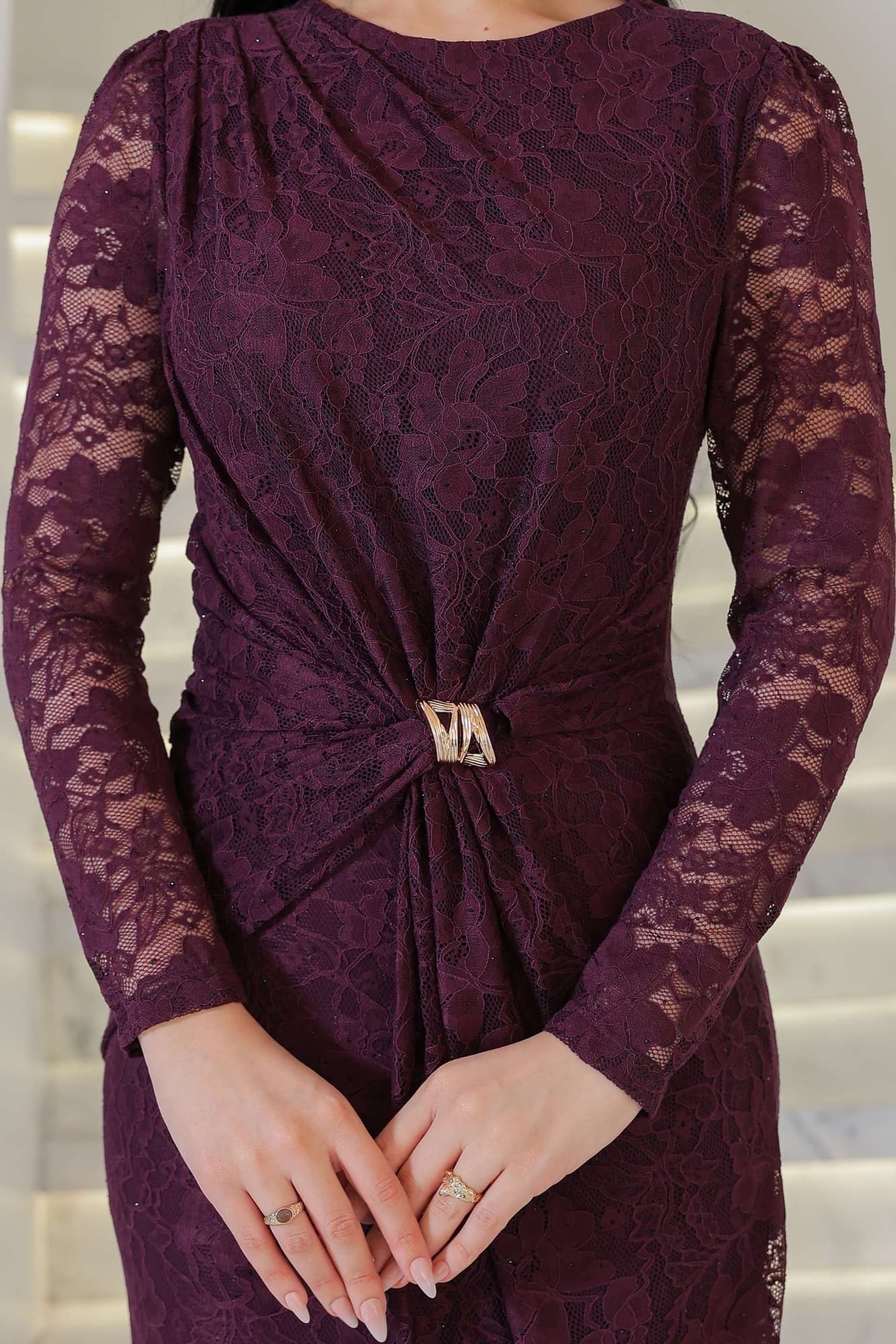 فستان ماكسي طويل دانتيل بقصة مخصره