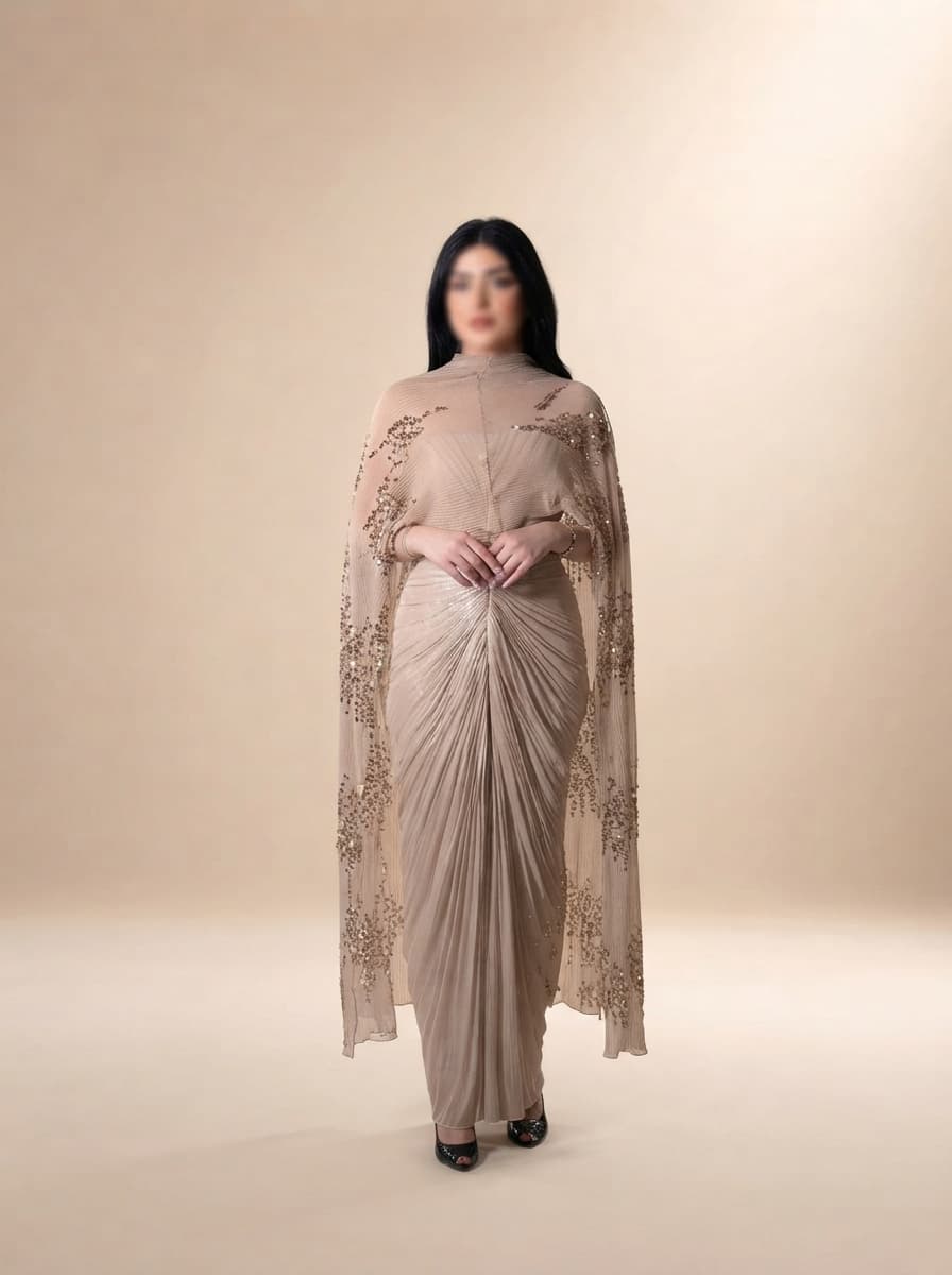 فستان سهرة ناعم مع وشاح خارجي من الترتر