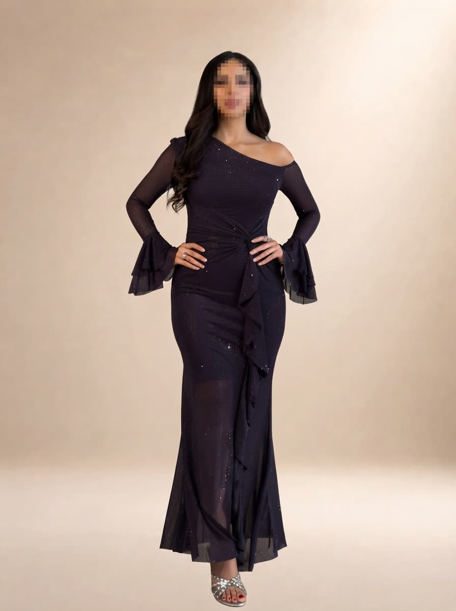 فستان سهرة لامع بكم واحد وكشكشة جانبية باللون البنفسجي